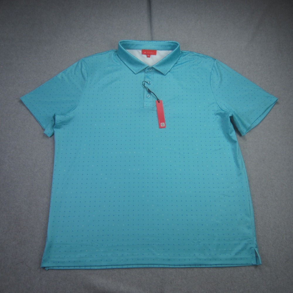 REDVANLY‎ Polo Shirt Mens XXL Turquoise All Over Letter Times Golf Short Sleeve